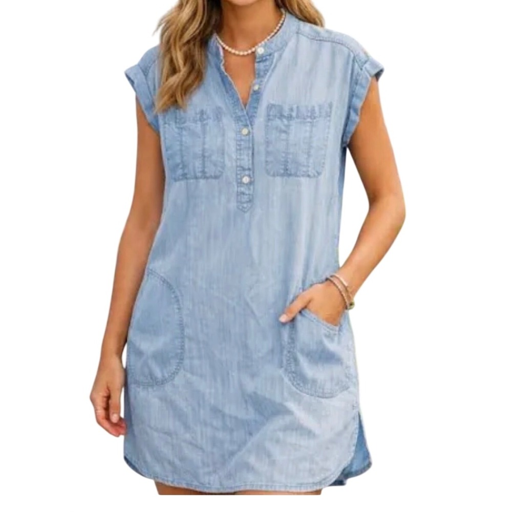 Vineyard Vines Womens Light Wash Tencel Lyocell Shift Dress Side Pockets Size 10
